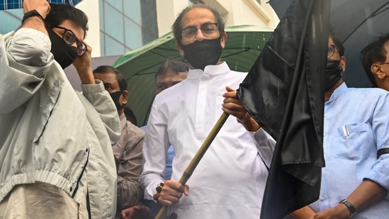 Shiv Sena-UBT chief Uddhav Thackeray led the protest at Shiv Sena Bhavan in Dadar.(Raju Shinde) Shiv Sena-UBT chief Uddhav Thackeray led the protest at Shiv Sena Bhavan in Dadar.(Raju Shinde)