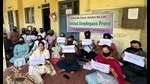 The teaching and non-teaching faculty members of LR DAV College, Jagraon, protesting on the college campus in Ludhiana on Tuesday. (HT Photo) The teaching and non-teaching faculty members of LR DAV College, Jagraon, protesting on the college campus in Ludhiana on Tuesday. (HT Photo)