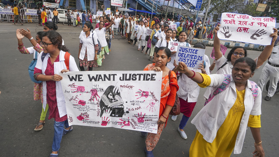 Nurses take part in a protest over the alleged sexual assault and murder of a postgraduate trainee doctor, in Kolkata. (PTI file) Nurses take part in a protest over the alleged sexual assault and murder of a postgraduate trainee doctor, in Kolkata. (PTI file)