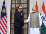 New Delhi, India - Aug. 20, 2024: Prime Minister Narendra Modi, shakes hand with his Malaysian counterpart Anwar Ibrahim before their delegation level meeting at Hyderabad House in New Delhi, India, on Tuesday, August 20, 2024. (Photo by Arvind Yadav/ Hindustan Times) New Delhi, India - Aug. 20, 2024: Prime Minister Narendra Modi, shakes hand with his Malaysian counterpart Anwar Ibrahim before their delegation level meeting at Hyderabad House in New Delhi, India, on Tuesday, August 20, 2024. (Photo by Arvind Yadav/ Hindustan Times)