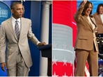 Tan pantsuits are making a major splash this season, with even politicians like Barack Obama and Kamala Harris sporting the trend. (X/@dieworkwear) Tan pantsuits are making a major splash this season, with even politicians like Barack Obama and Kamala Harris sporting the trend. (X/@dieworkwear)