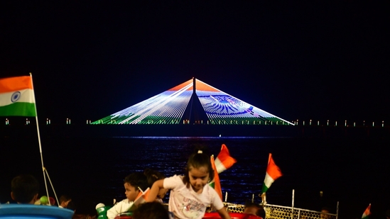Mumbai, India – Aug 15, 2024: Bandra Worli Sea link lit up with tricolour, in the occasion of Independence Day celebration, in Mumbai, India, on Thursday, Aug 15, 2024. (Photo by Bhushan Koyande/HT Photo)