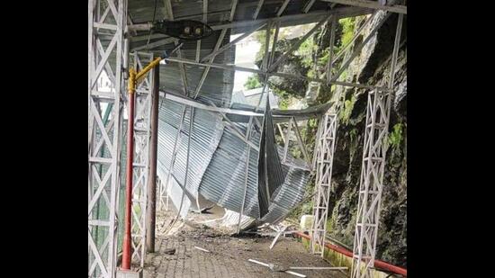 The collapsed structure on the Himkoti track to the Vaishno Devi shrine following a landslide in Reasi district on Monday. Two pilgrims were killed and one was injured in the incident. (PTI Photo) The collapsed structure on the Himkoti track to the Vaishno Devi shrine following a landslide in Reasi district on Monday. Two pilgrims were killed and one was injured in the incident. (PTI Photo)