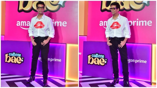 Next on the list is Karan Johar, who wore a white t-shirt featuring a bold red lip graphic in the center. He paired it with black fitted jeans, shiny shoes, and black-rimmed transparent glasses, totally rocking the look.(HT Photo/VarinderChawla)