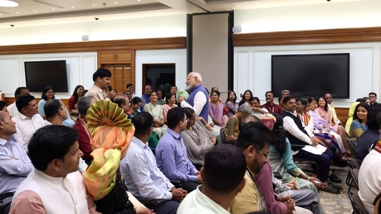 PM Modi meets and congratulates the teachers, who were conferred the National Teachers Awards 2024 on Teachers' Day, in New Delhi on Friday.(ANI)