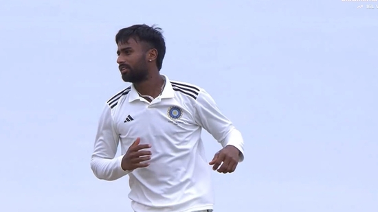 Manav Suthar celebrates a wicket. Manav Suthar celebrates a wicket.