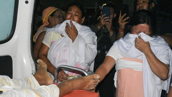 Family members of a person who was killed when a missile struck mourn at Moirang in Manipur on September 6, 2024.(REUTERS)