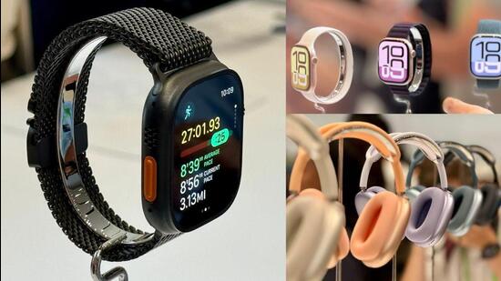 (Clockwise from left) The Apple Watch Ultra in the new colour, the Apple Watch Series 10 and the AirPods Max. (Vishal Mathur | HT Photo) (Clockwise from left) The Apple Watch Ultra in the new colour, the Apple Watch Series 10 and the AirPods Max. (Vishal Mathur | HT Photo)