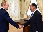 New Delhi: National Security Advisor Ajit Doval during a meeting with Russian President Vladimir Putin at the Konstantinovsky Palace, in St. Petersburg, Russia. The meeting took place on the margins of a conclave of national security advisors of the BRICS (Brazil-Russia-India-China-South Africa) nations in St Petersburg. (PTI Photo) (PTI) New Delhi: National Security Advisor Ajit Doval during a meeting with Russian President Vladimir Putin at the Konstantinovsky Palace, in St. Petersburg, Russia. The meeting took place on the margins of a conclave of national security advisors of the BRICS (Brazil-Russia-India-China-South Africa) nations in St Petersburg. (PTI Photo) (PTI)