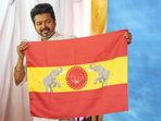 Chennai: Actor-turned-politician and Tamilaga Vettri Kazhagam President Vijay unveils party's flag at party headquarters, on the outskirts of Chennai, Thursday, Aug. 22, 2024. (PTI Photo/R Senthilkumar)(PTI) Chennai: Actor-turned-politician and Tamilaga Vettri Kazhagam President Vijay unveils party's flag at party headquarters, on the outskirts of Chennai, Thursday, Aug. 22, 2024. (PTI Photo/R Senthilkumar)(PTI)