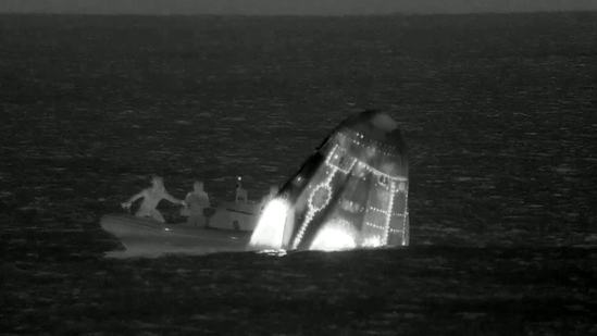 This still image taken from a SpaceX and Polaris broadcast on September 15, 2024, shows the manned Polaris Dawn mission's "Dragon" capsule splashing down off the coast of Dry Tortugas, Florida, completing the first human spaceflight mission by non-government astronauts of the Polaris Program.(AFP) This still image taken from a SpaceX and Polaris broadcast on September 15, 2024, shows the manned Polaris Dawn mission's "Dragon" capsule splashing down off the coast of Dry Tortugas, Florida, completing the first human spaceflight mission by non-government astronauts of the Polaris Program.(AFP)