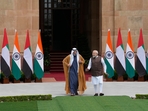 Indian Prime Minister Narendra Modi, right, talks to Abu Dhabi's Crown Prince Sheikh Khaled Bin Mohammed Bin Zayed Al Nahyan upon his arrival in New Delhi, India, Monday, Sept. 9, 2024. (AP Photo/Manish Swarup)(AP) Indian Prime Minister Narendra Modi, right, talks to Abu Dhabi's Crown Prince Sheikh Khaled Bin Mohammed Bin Zayed Al Nahyan upon his arrival in New Delhi, India, Monday, Sept. 9, 2024. (AP Photo/Manish Swarup)(AP)