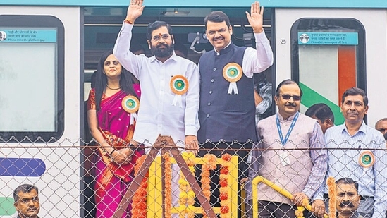 CM Eknath Shinde and Dy CM Devendra Fadnavis flagged off the trial run of Metro 3 on August 30, 2022. (Satish Bate/HT PHOTO) CM Eknath Shinde and Dy CM Devendra Fadnavis flagged off the trial run of Metro 3 on August 30, 2022. (Satish Bate/HT PHOTO)