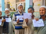 Anantnag: Voters show their voting slips as they wait to cast votes at a polling station during the first phase of Jammu and Kashmir Assembly elections, in Anantnag district of J&K, Wednesday, Sept. 18, 2024. (PTI Photo)(PTI09_18_2024_000229A)(PTI) Anantnag: Voters show their voting slips as they wait to cast votes at a polling station during the first phase of Jammu and Kashmir Assembly elections, in Anantnag district of J&K, Wednesday, Sept. 18, 2024. (PTI Photo)(PTI09_18_2024_000229A)(PTI)