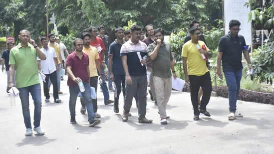 Aspirants are seen leaving the exam centre after appearing in the UPSC Civil Services Main Examination 2024 at College of Commerce in Patna.(Santosh Kumar)