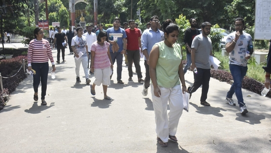 Candidates are seen leaving the exam centre after appearing in the UPSC Civil Services Main Examination 2024 in Patna.(Santosh Kumar)