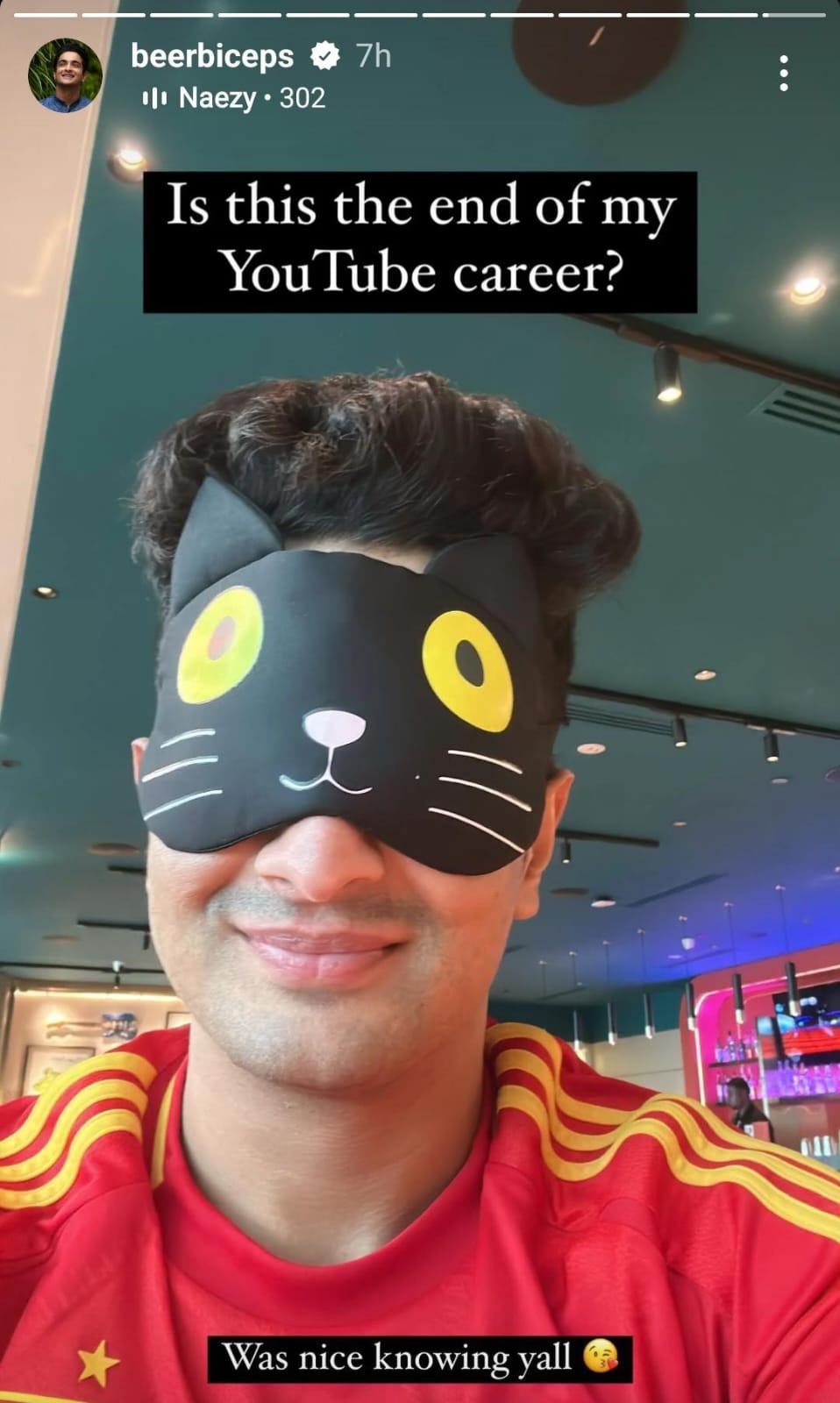In another Instagram story, Ranveer Allahbadia posted a selfie while wearing a cartoon cat eye mask(Instagram/BeerBiceps) In another Instagram story, Ranveer Allahbadia posted a selfie while wearing a cartoon cat eye mask(Instagram/BeerBiceps)
