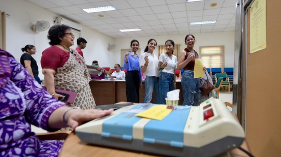 Delhi University Elections 2024 voting underway. Miranda House students at voting centre. (Raj k Raj)