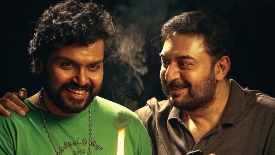Meiyazhagan review: Karthi and Arvind Swami in a still from the film. Meiyazhagan review: Karthi and Arvind Swami in a still from the film.