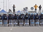 Security forces at the Singhu border in the city on Wednesday. (Sanjeev Verma/HT Photo) Security forces at the Singhu border in the city on Wednesday. (Sanjeev Verma/HT Photo)