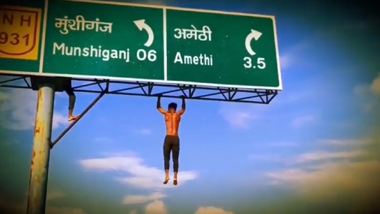 The 16-second clip also shows his trying to pull himself up by his legs to sit on the signboard.(X/AmethiLive) The 16-second clip also shows his trying to pull himself up by his legs to sit on the signboard.(X/AmethiLive)