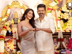 Pooja Hegde and Vijay at the pooja ceremony of Thalapathy 69. Pooja Hegde and Vijay at the pooja ceremony of Thalapathy 69.