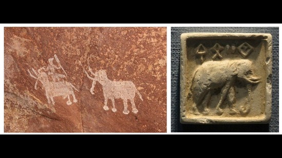 Two elephants and a human rider in ancient cave art at Bhimbetka; and a Harappan-era mould for a seal. Two elephants and a human rider in ancient cave art at Bhimbetka; and a Harappan-era mould for a seal.
