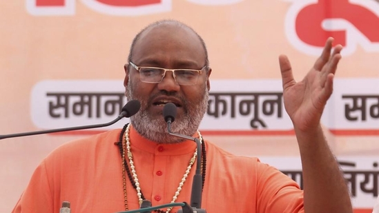 Priest Yati Narsinghanand at the 'Hindu Mahapanchayat' on Sunday. (PTI) Priest Yati Narsinghanand at the 'Hindu Mahapanchayat' on Sunday. (PTI)