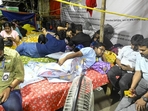 Protesting doctors continue indefinite hunger strike over RG Kar rape-murder incident at Esplanade in Kolkata, on Monday. (Samir Jana/HT photo) Protesting doctors continue indefinite hunger strike over RG Kar rape-murder incident at Esplanade in Kolkata, on Monday. (Samir Jana/HT photo)