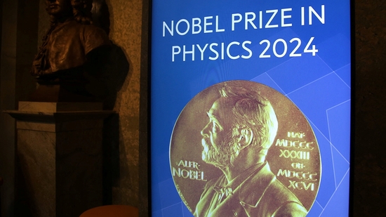 A view of the sign for the Nobel Prize in Physics in the Royal Swedish Academy of Sciences in Stockholm, Sweden, October 8, 2024. (REUTERS/ Tom Little)