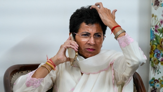 Haryana Congress leader Kumari Selja at her residence on Haryana Assembly polls results day, in New Delhi, Tuesday.(PTI Photo/Vijay Verma)