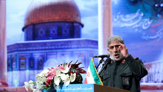 Brigadier General Esmail Qaani, the head of the Revolutionary Guards' Quds Force, speaks during a ceremony marking the anniversary of the death of senior Iranian military commander Mohammad Hejazi, in Tehran, Iran April 14, 2022. (via REUTERS)