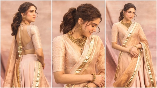 Sharvari Wagh is here to give you some stunning ethnic fashion inspiration for the festive season. In her latest look, the Munjya actor is seen looking glamorous in a light pink and gold lehenga ensemble.&nbsp;(Instagram/@sharvari)