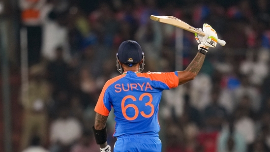 Hyderabad: India's captain Suryakumar Yadav celebrates his half century during the third and final T20 International cricket match between India and Bangladesh.(PTI)