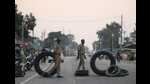 Cops barricade a road in Bahraich on Monday. (Deepak Gupta/HT) Cops barricade a road in Bahraich on Monday. (Deepak Gupta/HT)