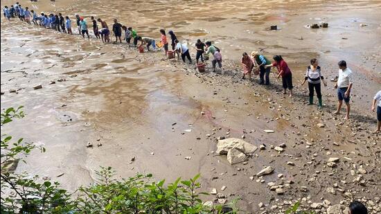 Locals during a drive to rescue fish from the drying Dal Lake in Dharamshala. (File) Locals during a drive to rescue fish from the drying Dal Lake in Dharamshala. (File)