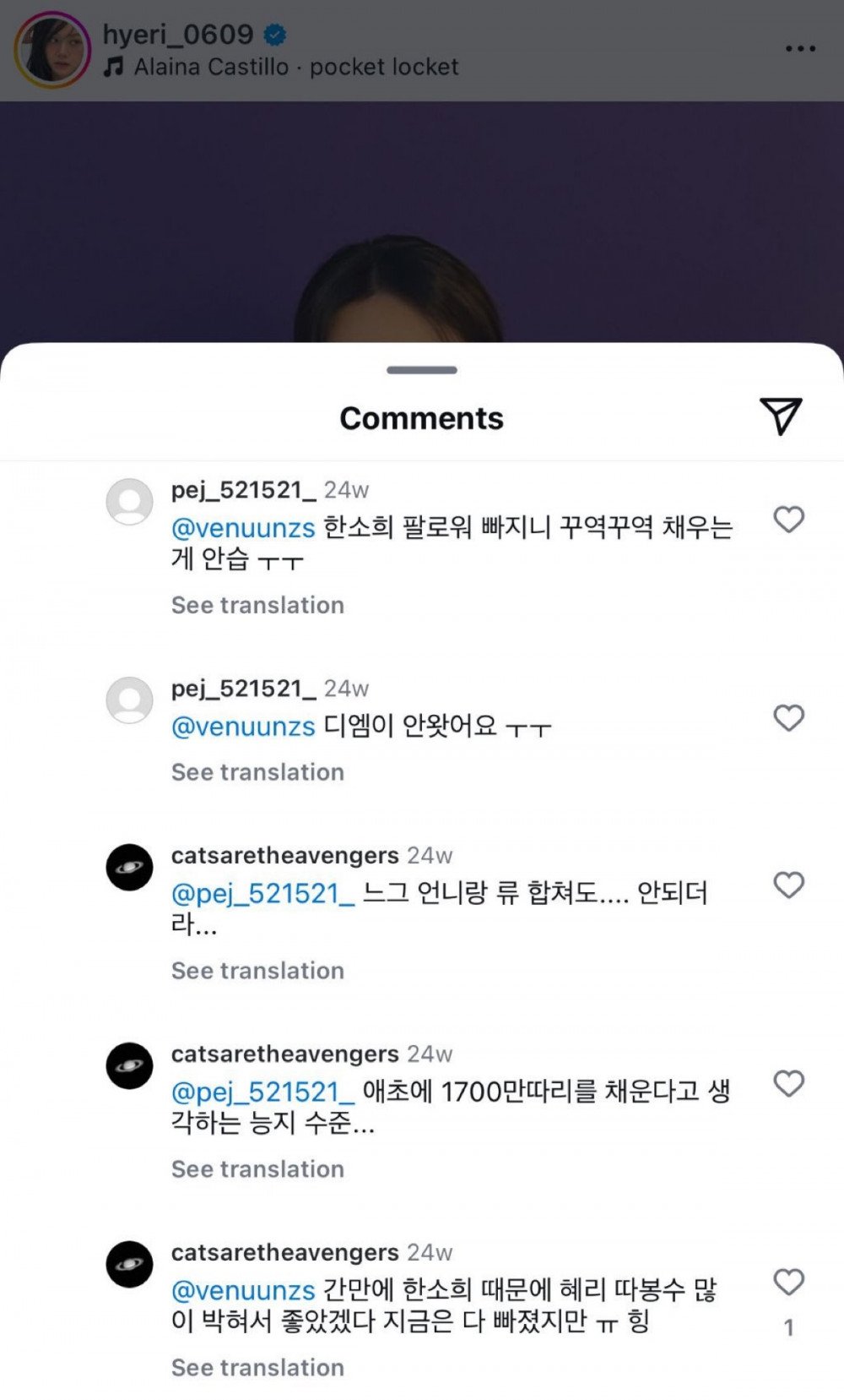 Private Instagram account consistently penning derogatory remarks about Hyeri. Private Instagram account consistently penning derogatory remarks about Hyeri.