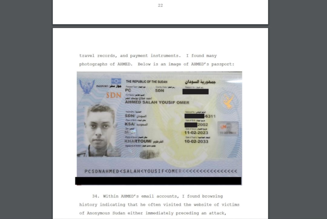 An image of Ahmed Salah Yousif Omer's passport revealed in the United States v. Ahmed Salah Yousif Omer criminal complaint, dated March 20, 2024.(Justice.gov) An image of Ahmed Salah Yousif Omer's passport revealed in the United States v. Ahmed Salah Yousif Omer criminal complaint, dated March 20, 2024.(Justice.gov)