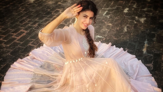 Actor Smriti Kalra wearing an Anarkali dress designed by Tanmaya Dwivedi