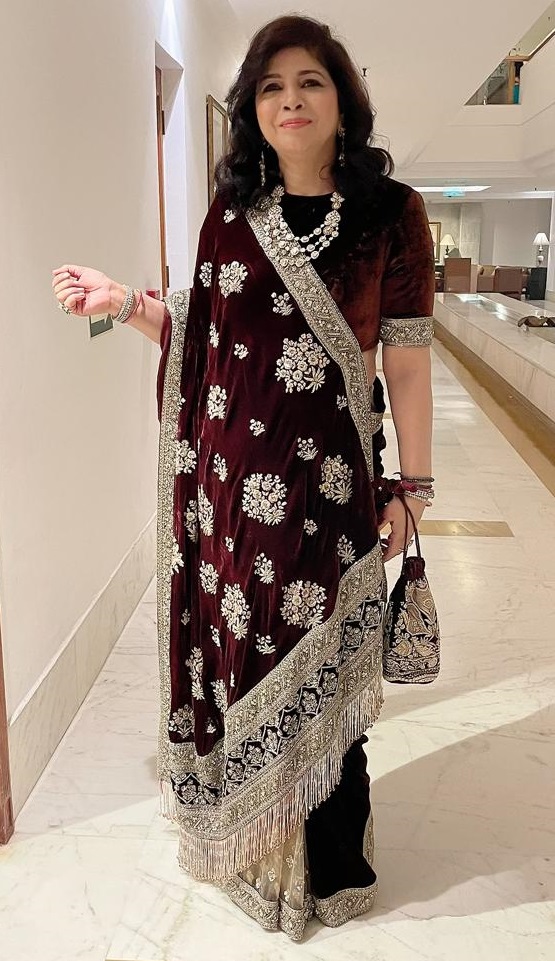 Romaa Agarwal sporting forever classic maroon saree with hand zardozi and pearl work Romaa Agarwal sporting forever classic maroon saree with hand zardozi and pearl work