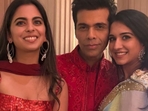 Isha Ambani (L) and Radhika Merchant (R) with Karan Johar at Manish Malhotra's Diwali party. Isha Ambani (L) and Radhika Merchant (R) with Karan Johar at Manish Malhotra's Diwali party.
