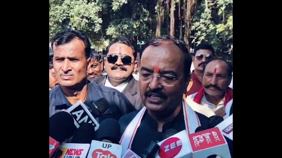 Keshav Prasad Maurya addressing the media persons in Prayagraj on Friday Keshav Prasad Maurya addressing the media persons in Prayagraj on Friday