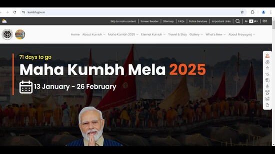 Mahakumbh-2025 official website homepage (HT Photo) Mahakumbh-2025 official website homepage (HT Photo)