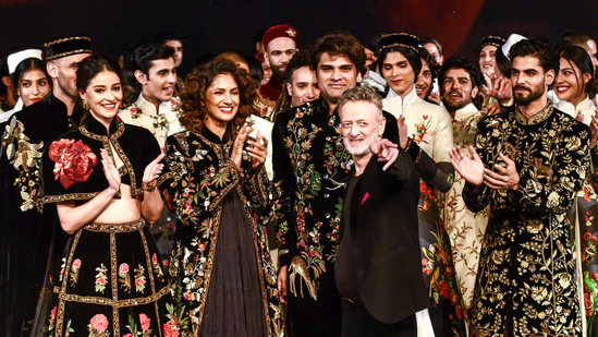 Bollywood actress Ananya Panday with fashion designer Rohit Bal and others during the finale of Lakme Fashion Week x FDCI, at The Imperial, in New Delhi on Sunday. Weeks after he presented his last collection, Rohit Bal passed away at a hospital in Delhi on November 1, 2024, after battling a heart ailment. In memory of the iconic fashion designer, here are 8 of his unforgettable looks featuring Bollywood celebrities -(ANI Photo/Ritik Jain)