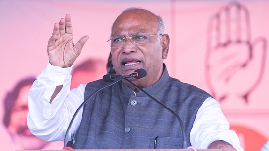 Congress President Mallikarjun Kharge addresses a public meeting for the Jharkhand Assembly elections, in Hazaribagh on Tuesday. (ANI PHOTO) Congress President Mallikarjun Kharge addresses a public meeting for the Jharkhand Assembly elections, in Hazaribagh on Tuesday. (ANI PHOTO)