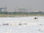 New Delhi, India- October 18, 2024: Yamuna River at Kalindi Kunj has foamed up in large quantities. The Yamuna in Delhi is almost dead and in most places the water is not fit for bathing, let alone sustaining aquatic life. The main reason for this is the high ammonia levels in the river due to excessive emissions of industrial pollutants, in New Delhi, India, on Friday, October 18, 2024. (Photo by Sunil Ghosh / Hindustan Times) New Delhi, India- October 18, 2024: Yamuna River at Kalindi Kunj has foamed up in large quantities. The Yamuna in Delhi is almost dead and in most places the water is not fit for bathing, let alone sustaining aquatic life. The main reason for this is the high ammonia levels in the river due to excessive emissions of industrial pollutants, in New Delhi, India, on Friday, October 18, 2024. (Photo by Sunil Ghosh / Hindustan Times)