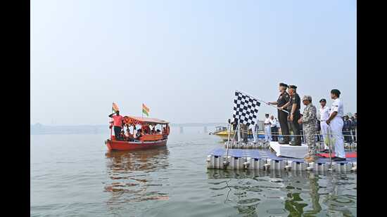 Second leg of the riverine expedition being flagged off from Prayagraj on Wednesday. (HT Photo) Second leg of the riverine expedition being flagged off from Prayagraj on Wednesday. (HT Photo)