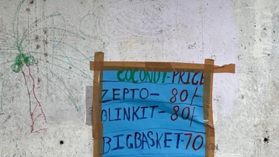 Bengaluru vendor offers coconuts at a lower rate than Zepto and Blinkit, sparking a discussion about charges on grocery apps. (Screengrab X/@peakbengaluru) Bengaluru vendor offers coconuts at a lower rate than Zepto and Blinkit, sparking a discussion about charges on grocery apps. (Screengrab X/@peakbengaluru)
