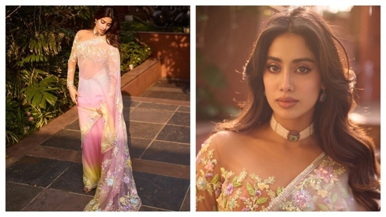 Janhvi Kapoor 'felt like eating some cassata but wore one instead', the actor wrote in the caption of her latest Instagram post. She was dressed in a Manish Malhotra saree. (All pics: Instagram/ Janhvi Kapoor and Manish Malhotra)