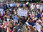 The protesting aspirants near UPPSC headquarters on day 3 of their protest in Prayagraj on Wednesday. (HT) The protesting aspirants near UPPSC headquarters on day 3 of their protest in Prayagraj on Wednesday. (HT)